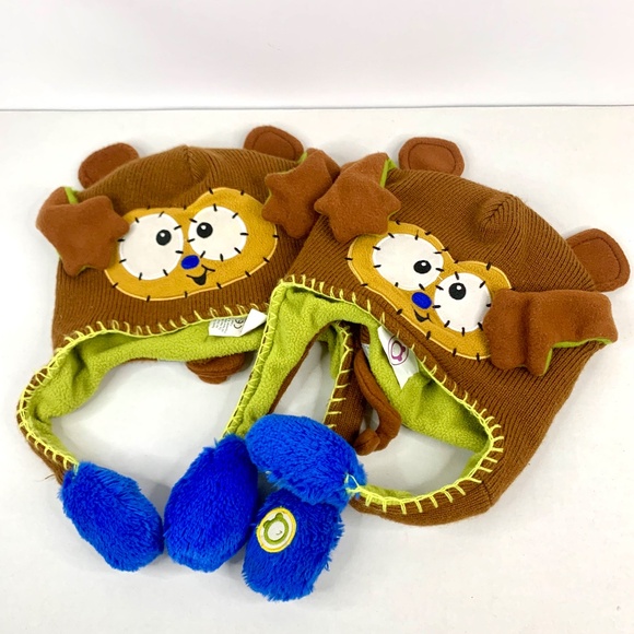 Pair of  kids / youth 🐵 FLIPEEZ HUGGY THE MONKEY tan, blue and green beanie/hat - Picture 1 of 9